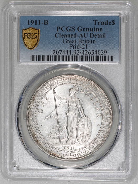  1911-B英国贸易银元，PCGS AU Detail有清洗，#42654039 Great Britain, silver $1, 1911-B, Trade dollar, PCGS AU Det
