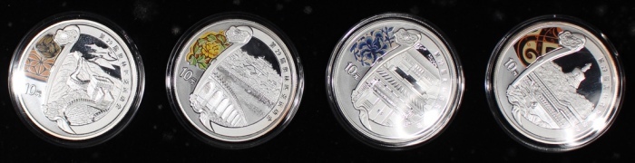  2008年中国北京奥运10元纪念银币4枚一套，各重1安士，均UNC，附原盒及证书，#133560, #133552, #132345及#125009，发行160000枚