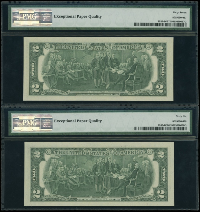  1976年美国贰圆一组两枚，补号D01087006*-7007*，均PMG66EPQ-67EPQ（2） United States: Federal Reserve Note, a pair of $