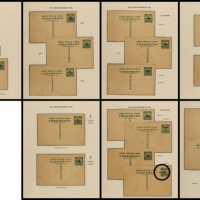  1926年帆船2分加盖“限滇省发寄”邮资片英文展片7页，计新片17件（含单片15件及双片2件）分纸、分色版式研究素材上佳，有加盖大移位出图变异品