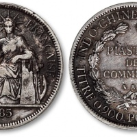  法属安南1885年自由女神坐像1比塞塔银币一枚，此年份少见，打制规范，整体清晰，深灰色老包浆，金盾PCGS XF Detail（87564424）