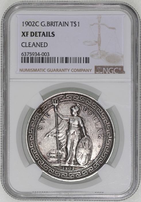  1902C英国贸易银元，NGC XF Details有清洗，#6375934-003 Great Britain, silver $1, 1902C, Trade dollar, NGC XF Det