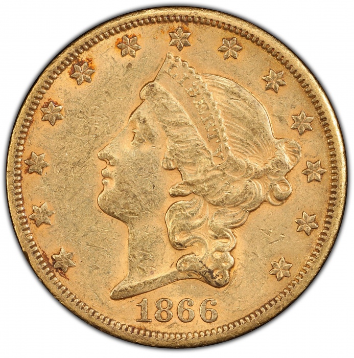  1866-S自由像双鹰金币 PCGS AU 58 1866-S Liberty Head Double Eagle