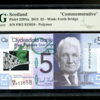  2015年克莱兹戴尔银行伍镑，编号FB/2 933658，PMG70EPQ★！ Clydesdale Bank, Scotland, 5 pounds, polymer, 2015, serial n