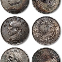  民国九年袁世凯像壹圆银币二枚、十年袁世凯像壹圆银币一枚，共计三枚，整体清晰，厚重深酱彩老包浆，海外回流，均为金盾PCGS XF Detail（87564582、87564579、87564603）