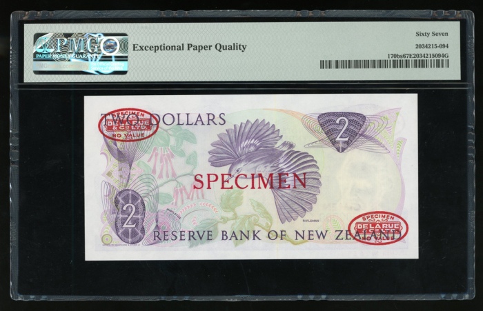  1985-89年纽西兰贰圆样票，编号ELA000000，PMG67EPQ, 少见 Reserve Bank of New Zealand, specimen $2, ND (1985-89), ser