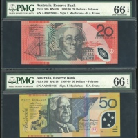  1998-99年澳大利亚一佰圆, 伍拾及贰拾一组三枚，编号AA99913752、AA98819421及AA98926855，均PMG66EPQ（3） Reserve Bank of Australia