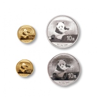 2014年熊猫普制1/4盎司金币、1盎司银币各二枚，一组共四枚