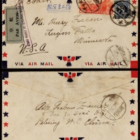  1935年北平寄美国分段航空封，正贴北平三版航空30分、伦敦版孙中山像25分各一枚，邮资计55分