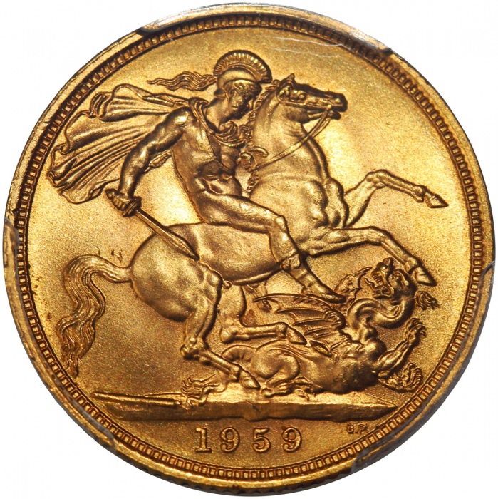  1959年英国索维林金币，PCGS MS64，#43868180 Great Britain, 1 sovereign, 1959, Young laureate head of Queen Eliz