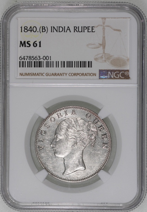  1840B英属印度1卢比，NGC MS61，#6478563-001 India, silver rupee, 1840(B), NGC MS61, #6478563-001.