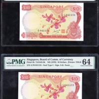  1970年新加坡拾圆一组两枚，兰花系列，编号A/70 941151及A/70 941153，均PMG64（2） Singapore, a pair of $10, ND(1970), close se