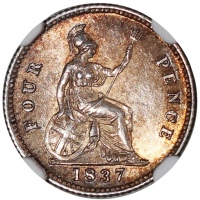  英国银币3枚一组，包括1837年4便士，1834年6便士及1834年1/2克朗，带「W.W.」署名，NGC AU58, MS62及MS61，#2885392-002，003及001 Great Bri