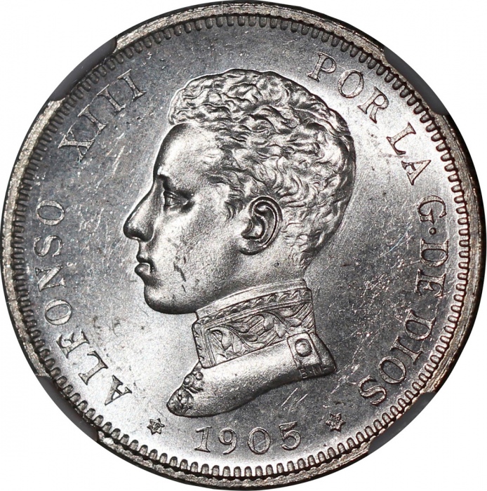  1860及1905年西班牙一组2枚，详见图示及请参考英文描述 Spain, a pair of silver reals and 2 pesetas, 1860 and 1905, graded NG