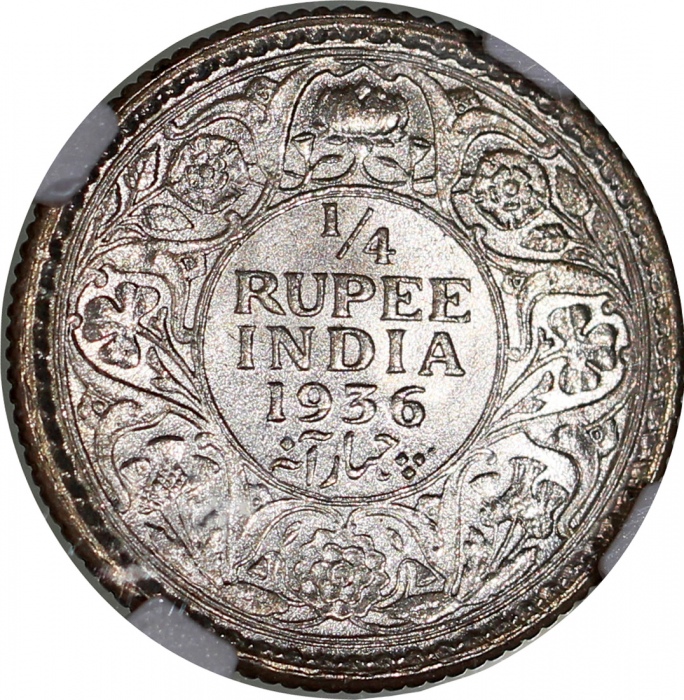 1936(C)英属印度1/4卢比，NGC MS64，#4970637-379 India, British, silver ¼ rupee, 1936 (C), Calcutta mint, NGC 