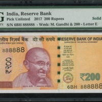  2017年印度贰佰卢比，「幸运」编号6BH888888，PMG65EPQ India, Reserve Bank, 200 rupees, 2017, solid serial number 6BH8