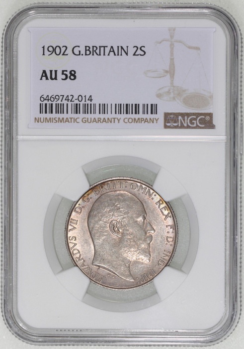  1902年英国2先令银币，NGC AU58，#6469742-014 Great Britain, silver 2 shillings, 1902, NGC AU58, #6469742-014.