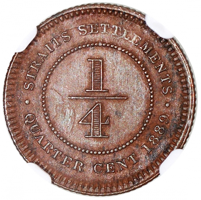  海峡殖民地1889年1/4仙铜币及1908年1仙铜币，NGC MS62BN及MS61BN，#6376342-016及008 Straits Settlements, copper 1/4 cent, 