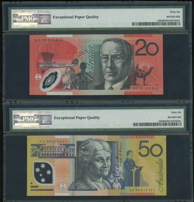  1998-99年澳大利亚一佰圆, 伍拾及贰拾一组三枚，编号AA99913752、AA98819421及AA98926855，均PMG66EPQ（3） Reserve Bank of Australia