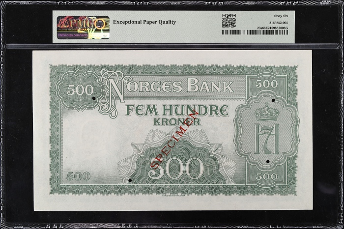  1942年挪威银行500克朗票样 PMG Gem Unc 66 EPQ NORWAY. Norges Bank. 500 Kroner