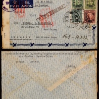  1947年广东东莞寄德国航空检查封，飞机图花边航空封贴孙中山像国币改值香港版200元、500元、伦敦版1000元各一枚、百城版原票50元一枚