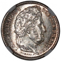  法国银币4枚一组，包括1845B 25分，1888A 50分，1881A 1法郎，及1914C 2法郎，分别评NGC MS64，UNC Details有清洗，MS65及MS63，#6376454-03