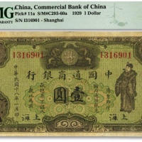  民国十八年（1929年）中国通商银行绿色财神图壹圆，上海地名，海外资深藏家出品，轻微修补，七五成新