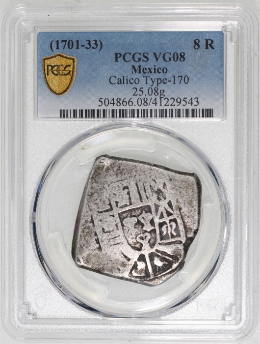  1701-33年墨西哥8里尔，PCGS VG08. #41229543 Mexico, 8 reales, 1701-33, 25.08g, PCGS VG08. #41229543