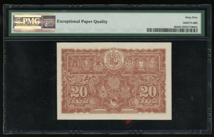  1941年马来亚贰角，少见B版别，PMG65EPQ Malaya, 20 cents, 1941, red-brown on light green, George VI at left,(Pick 
