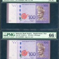  2012年马来西亚拾令吉五枚连号，补号ZA2828096-100，均PMG66EPQ（5） Malaysia, consecutive replacement 100 ringgit (5), ND 