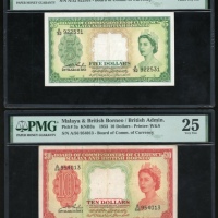  1953年马来亚及北婆罗州伍、拾圆一组三枚，均PMG25-35（3） Malaya & British Borneo, $5 and $10 (2), 1953, (Pick 2a, 3a), PMG