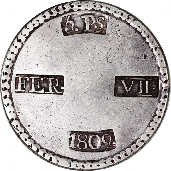  1809年西班牙5比塞塔，VF品相 Spain. Tarragona. Fernando III (VII in Spain), (1808-1833). 5 Pesetas, 1809, Value