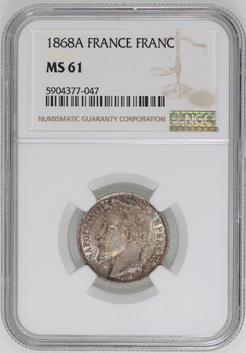  1868A法国1法郎银币，NGC MS61，#5904377-047 France, silver franc, 1868A, NGC MS61, #5904377-047.