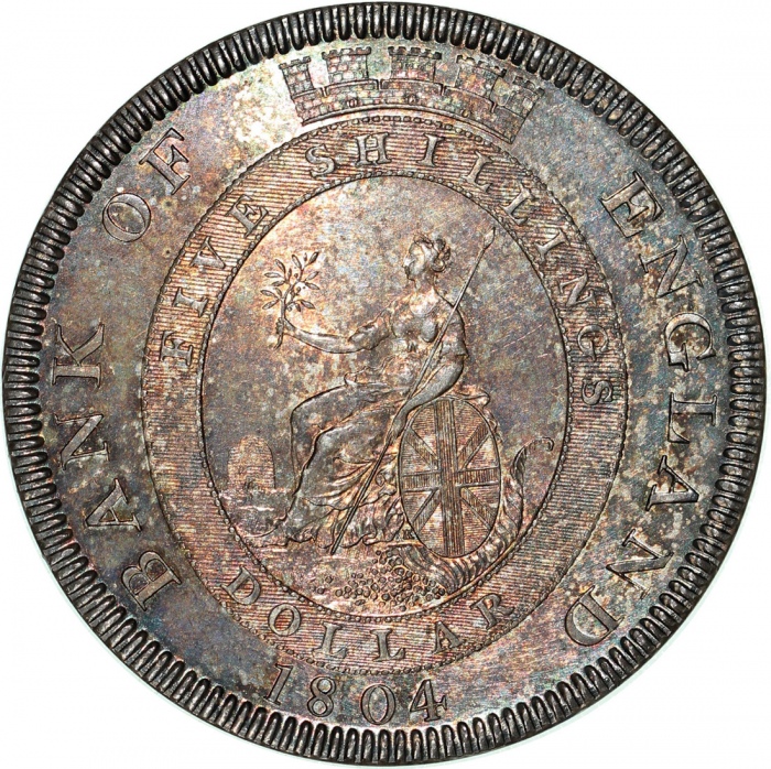  1804年英国英伦银行5先令/元银币，带深调包浆，UNC Great Britain, Bank of England dollar, silver 5 shillings / dollar, 180