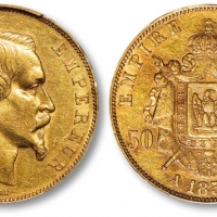  法国1858年“皇帝拿破仑三世”像50法郎金币一枚，打制规范清晰，金色纯正，状态自然，金盾PCGS AU55（37820652）