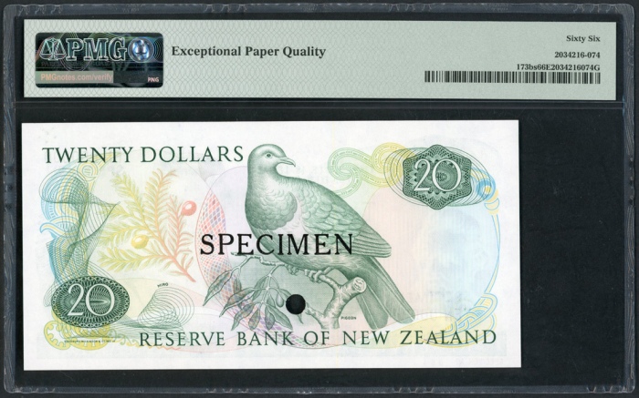  1985-89年纽西兰贰拾圆样票，编号TEN000000，PMG66EPQ, 少见 Reserve Bank of New Zealand, specimen $20, ND (1985-89), s