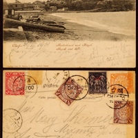  1901年烟台寄奥地利明信片，贴伦敦版蟠龙1分、2分各一枚、半分两枚