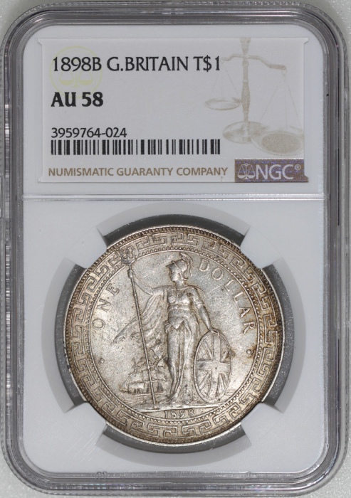  1898B英国贸易银元，NGC AU58，#3959764-024 Great Britain, Trade Dollar, $1, 1898B, NGC AU58. #3959764-024