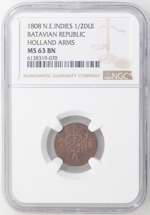  1808年荷属巴达维亚共和国1/2兑铜币，NGC MS63BN, #6138319-070 Netherlands East Indies, Batavian Republic, copper 1/2