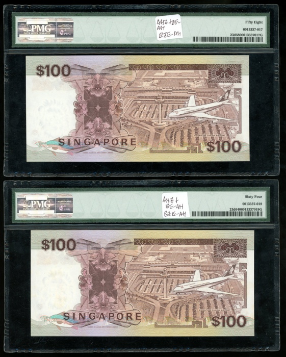  1985年新加坡一佰圆一组两枚，编号A/16 634372及A/16 634356，均PMG58-64（2） Singapore, a pair of $100, ND(1985), serial n