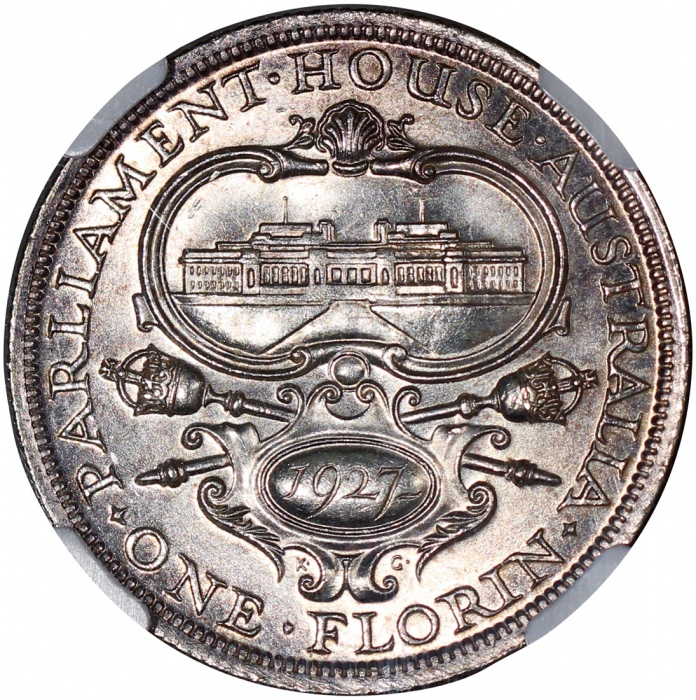  1927年澳洲佛罗林(2先令)银币，国会大厦开幕纪念，NGC MS63，#2789034-011 Australia, 1 florin = 2 shillings, 1927, Opening of