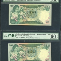  1977年印度尼西亚伍佰盾补号票两枚，编号XTA097038及XTR097038，均PMG66EPQ（2） Bank Indonesia, matching serial number pair re