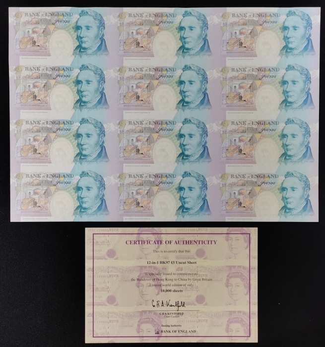  1997年英国伍镑十二枚连体纪念钞，HK97香港回归纪念，发行量10000册，均UNC Bank of England, Great Britain, a uncut sheet of 12 £5, 
