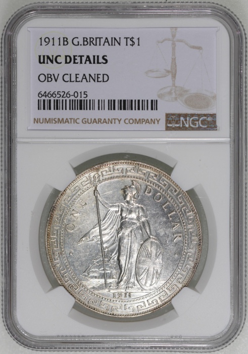  1911B英国贸易银元，NGC AU Details正面有清洗，#6466526-015. Great Britain, silver trade dollar, 1911B, NGC UNC Det