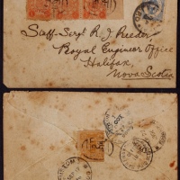  1896年烟台寄加拿大封，小型西式封贴初版慈寿1分银三枚、3分银一枚