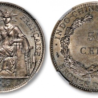  1946年法属安南自由女神坐像50分银币签字版样币一枚，打制规范深峻，细节清晰分明，底版平滑光洁，光泽旋转柔亮，状态上佳，NGC MS63（6192479-015）