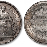  法属安南1910年自由女神坐像1比塞塔银币一枚，此年份少见，打制规范清晰，淡灰色包浆，底光柔亮，已属少见之上佳品相，金盾PCGS AU53（87564423）