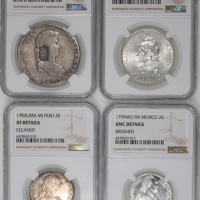  世界钱币一组4枚，详见图示 World Coins, a group of 4 coins, consists of: Mi Peru, 2 reales, 1783Lima, Mexico, 2 r