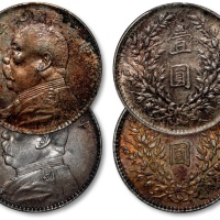  民国九年、十年袁世凯像壹圆银币共二枚，打制规范，原味酱彩包浆，带底光，分别为金盾PCGS AU50、AU55（87564197、87564600）