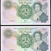  1983年曼岛伍拾镑两枚连号，编号082833-34，均UNC（2） Isle of Man, consecutive £50 (2), ND (1983), serial numbers 08283